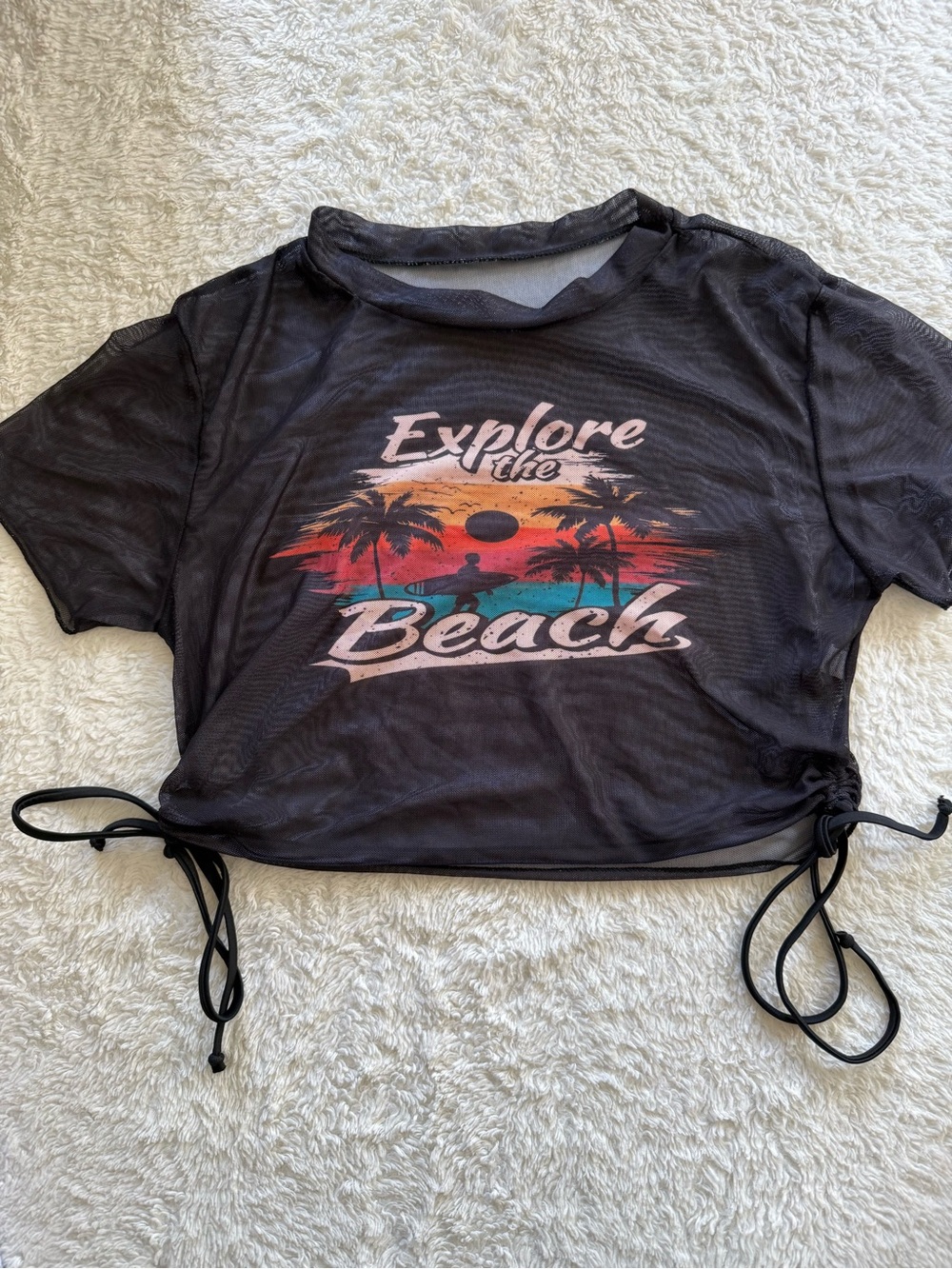 Black "Explore the Beach" Mesh Swim Cover Up Women’s XL